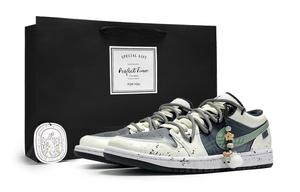 Jordan Эйр 1 противоскользящие износостойкие низкие винтажные баскетбольные кроссовки мужские бежево-черно-зеленые, цвет Beige Black Green