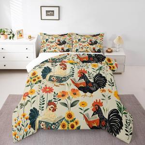 Erosebridal Комплект постельного белья Funny Chicken с тематикой фермы и цветочным принтом, дышащий материал, Orange Black