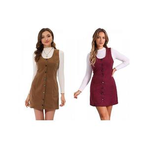 2 упаковки женского комбинезона из вельвета с пуговицами, круглым вырезом и карманами Allegra K, Brown Burgundy