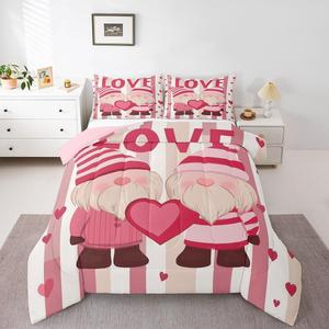 Erosebridal Романтический комплект постельного белья Couple Lover с сердечками, розово-белая полоска, наполнитель пух, Pink Yellow