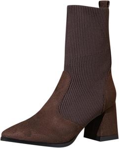 Женские зимние ботильоны на босу ногу с ребристым вязаным и замшевым верхом, высокоэластичные массивные ботильоны с высоким каблуком и заостренным носком Generic, Brown