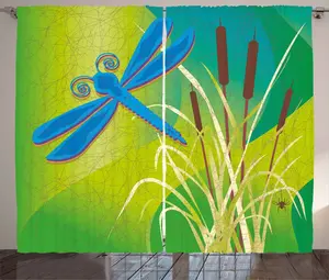 Винтажная штора в деревенском стиле ABAKUHAUS, синяя стрекоза на зеленом, универсальная тесьма для гостиной с петлями и крючками, 280 x 245 см, бледно-зелено-коричневый цвет Abakuhaus