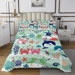 Erosebridal Комплект постельного белья Ocean Beach с морским принтом, зеленые абстрактные волны, морские черепахи, дельфины, крабы и медузы, Green