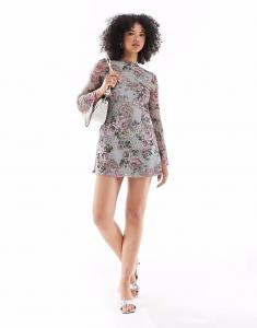 Мисс Селфридж - сетчатое мини-платье с очень широкими расклешенными рукавами и принтом в стиле 70-х Miss Selfridge