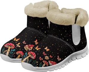Зимние ботинки Howilath с принтом грибов для женщин, противоскользящие с меховой подкладкой, пушистые снежные сапоги, Botanical Butterfly Mushroom