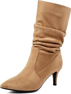 Женские замшевые ботильоны на шпильке с зауженным носком, сборкой и строчкой до середины голени YUHATRG, Apricot