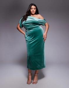 Платье миди из бархата ASOS DESIGN Curve с драматичным вырезом зеленого цвета