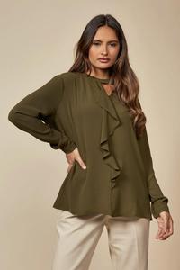 Блузка оверсайз с длинными рукавами, оборкой спереди и детальным вырезом HOXTON GAL, зеленый