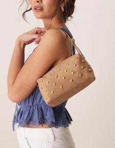 Сумка-тоут ASOS DESIGN из искусственной замши с заклепками коричневого цвета