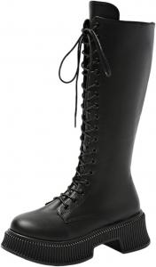 Женские ботинки на массивном каблуке до колена, с шнуровкой и молнией, средние по голенище, широкое голенище, кожаные сапоги для верховой езды Generic, Black