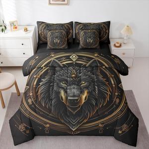 Erosebridal Комплект постельного белья Norse Viking King с принтом волка в скандинавском стиле, Gold Black