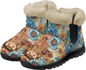 Женские зимние ботинки UNICEU, рождественские ботинки с теплой подкладкой из искусственного меха, удобные ботильоны для дома и улицы, Boho Flower Highland Cow