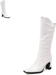 Женские ботинки DevilAngel из гладкой яркой кожи с задней застежкой-молнией и массивным каблуком? Высокий каблук, квадратный носок, удобные блестящие кожаные ботинки., White