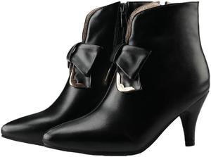 Женские модные короткие ботильоны с острым носком на высоком каблуке. Для повседневной работы и общения. Украшены бантом. Молния сбоку. Fusecottc, Black