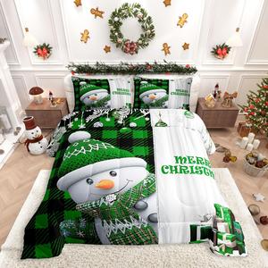 Erosebridal Комплект постельного белья Winter Snowman с рождественским принтом и клетчатым узором, Green Black