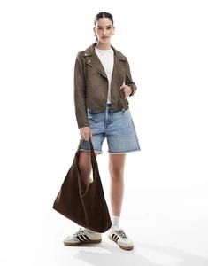 Байкерская куртка Vero Moda из искусственной кожи с эффектом потертости шоколадного цвета