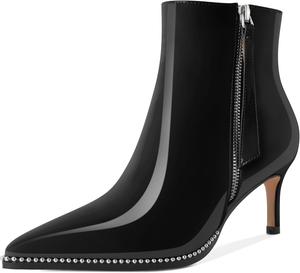 Younton Женские сапоги с низким каблуком, заостренный носок с бусинами, короткие сапоги, молния, каблук-кошечка, 6,3 см