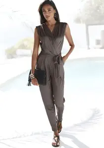 Комбинезон LASCANA (с поясом) из мнущейся ткани, элегантный комбинезон с запахом, праздничный, коричневый