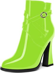 Женские блестящие модные ботильоны с ремешком на щиколотке, лакированные, с круглым носком, на устойчивом высоком каблуке 4 дюйма MOVINSTEPS, Lime Green