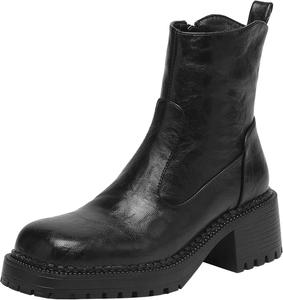 Женские боевые ботинки с молнией, устойчивым каблуком и квадратным носком для стильного образа BULVJ, Black