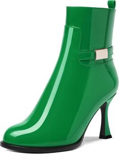 Женские ботильоны на молнии с круглым носком, лаковые, для улицы, с высокими каблуками 3,3 дюйма DEMOSHINE, Green