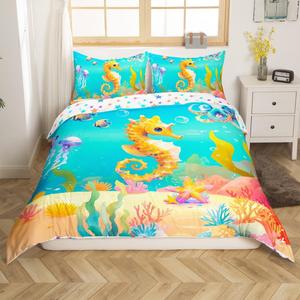 Erosebridal Комплект постельного белья Seahorse с морскими животными и художественной росписью, Aqua Yellow