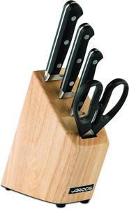 Arcos Serie Clasica, набор кухонных ножей 4 предмета (3 ножа + ножницы), лезвие из кованой нержавеющей стали Nitrum, рукоятка POM, блок из лакированного бука под орех