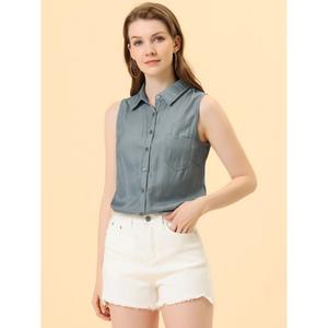 Женская однобортная рубашка без рукавов с острым воротником ALLEGRA K, синий