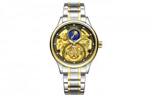 KANGOL Часы Prestige Collection Mechanical Movement Metal Strap Watch Men's Watch Cut-Out Dial -K116, Sun and Moon in Gold Black