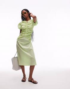 Платье миди LAAGAM с присборенным спереди боа и рукавами-фонариками зеленого цвета