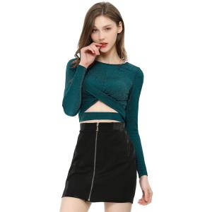 Женские укороченные топы с длинными рукавами и вырезом спереди, блестящие перекрестные топы ALLEGRA K, черный