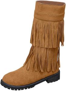 Женские ботинки до колена: модные осенне-зимние теплые сапожки с кисточками, широкий голенище, круглый носок, на плоской подошве, для походов, активного отдыха и снега Generic, Brown