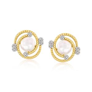 Серьги Ross-Simons с культивированным жемчугом 7-7,5 мм и бриллиантами в форме завитка из 18-каратного золота поверх стерлингового серебра Ross-Simons, 0.50 In