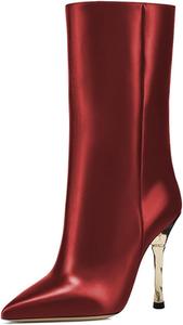 Женские сапоги FYS Fashion с заостренным носком и средней голенью, золотые туфли-кубики на шпильке, короткие ботильоны на молнии, платье, обувь для вечеринок, осень, размер 4-16 US, Red