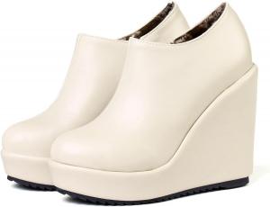 Женские ботильоны на танкетке SHEMEE с высоким каблуком, платформой, круглым носком, на молнии, короткие ботинки для офиса, вечеринок и платьев, Beige Pu