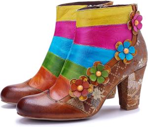 Женские ручные ретро-сапоги на высоком каблуке из овчины, красочная роспись, металлический стиль - модные, удобные, прочные, уникальный стиль меньшинств Riutiru, Multi Color Splicing-1