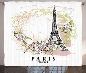 Штора ABAKUHAUS Paris Rustic с цветочным рисунком Эйфелевой башни, присборенная тесьма для спальни с петлями и крючками, 280 x 225 см, белый, разноцветный Abakuhaus