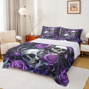 Erosebridal Готический комплект постельного белья Halloween с черепами и розами, фиолетовый, для взрослых, Purple White