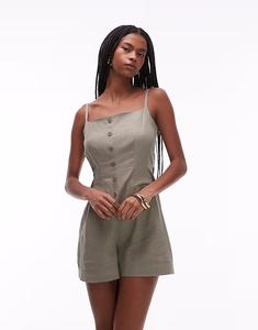 Льняной комбинезон на пуговицах Topshop цвета хаки