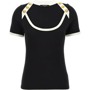 Футболка с контрастными вставками и пуговицами BALMAIN, черный