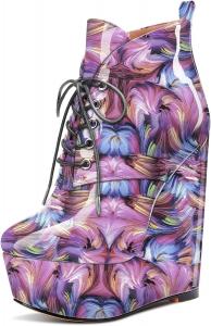 Женские ботильоны на платформе Aachcol, короткие сапожки, шнуровка, закрытый носок, на танкетке с высоким каблуком, праздничные лакированные, каблук 6 дюймов, Multicolor H