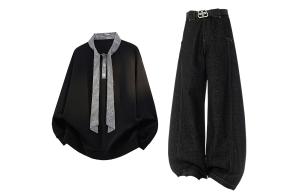 Повседневная спортивная одежда Unisex с лацканом Lapel Moderate X1617, черный top+черный jeans