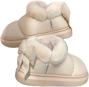 Милые зимние ботинки со снежинкой и бантом, водонепроницаемые, противоскользящие, для холодной погоды, теплые мягкие пушистые тапочки для дома и улицы Plonme, White