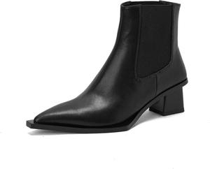 Женские ботильоны TinaCus с острым носком из натуральной кожи, ручная работа, на массивном каблуке, на молнии/без застежки, повседневные, Black/Slip On