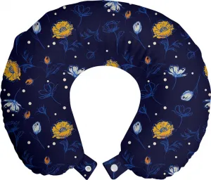 Подушка для шеи ABAKUHAUS с цветочным принтом, цветущими бутонами, дорожный аксессуар из пеноматериала для самолета и автомобиля, 30 x 30 см, индиго и горчица Abakuhaus