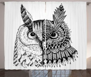 Штора ABAKUHAUS в деревенском стиле с принтом Сова, дизайн с двумя мордочками животных, универсальная тесьма для гостиной с петлями и крючками, 280 x 225 см, цвет: антрацитовый, серый, белый Abakuhaus