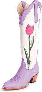 Женские сапоги Maiyang с заостренным носком и цветочным узором, до колена, на низком массивном каблуке, ковбойские, стильные и удобные, размер 4-16 US, Violet