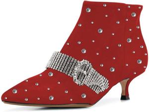 Женские ботильоны XYD с кристаллами, каблук-стилетт, ремешок с пряжкой, заостренный носок, молния, обувь для фестивалей и вечеринок, Red