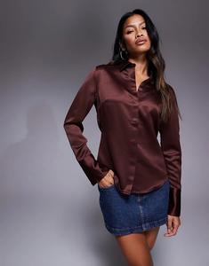 Приталенная атласная рубашка ASOS DESIGN шоколадного цвета