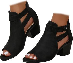 Generic Женские ботильоны с вырезами на щиколотке, открытым носком, замшевые с боковым ремешком на щиколотке, средней высоты черный массивный каблук, модные праздничные сандалии